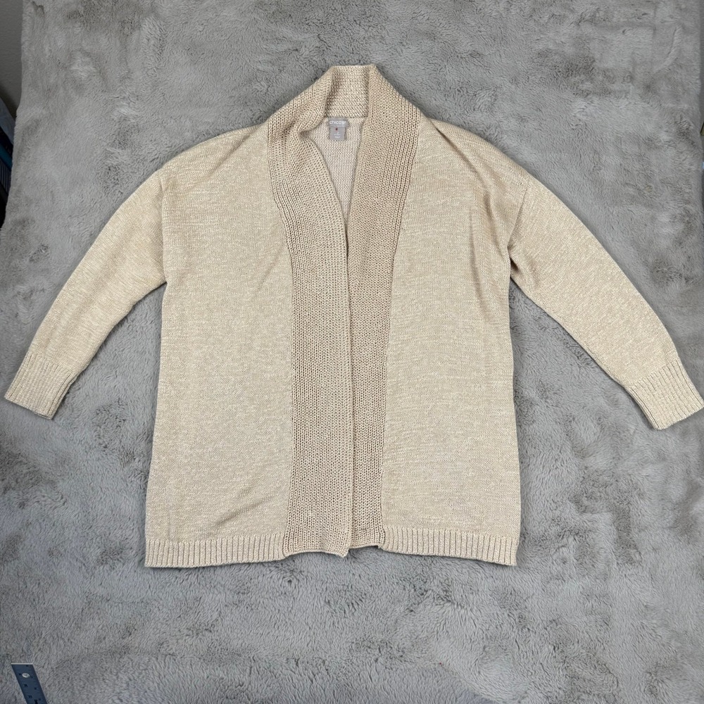 Chico's Open Front Cardigan Duster Knit Sweater Neutral Tunic Lightweight Size L